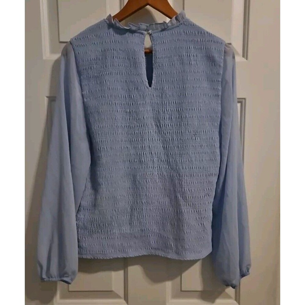 Halogen Sz XL Women's Light Blue Top Ruffle Neck Sheer Long Sleeves Blouse - Picture 8 of 8